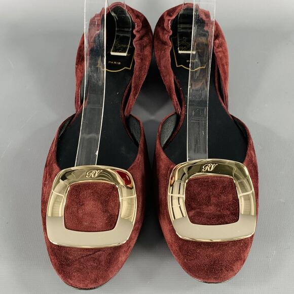 ROGER VIVIER Size 10 Burgundy Silver Buckle Suede Flats - Picture 4 of 8
